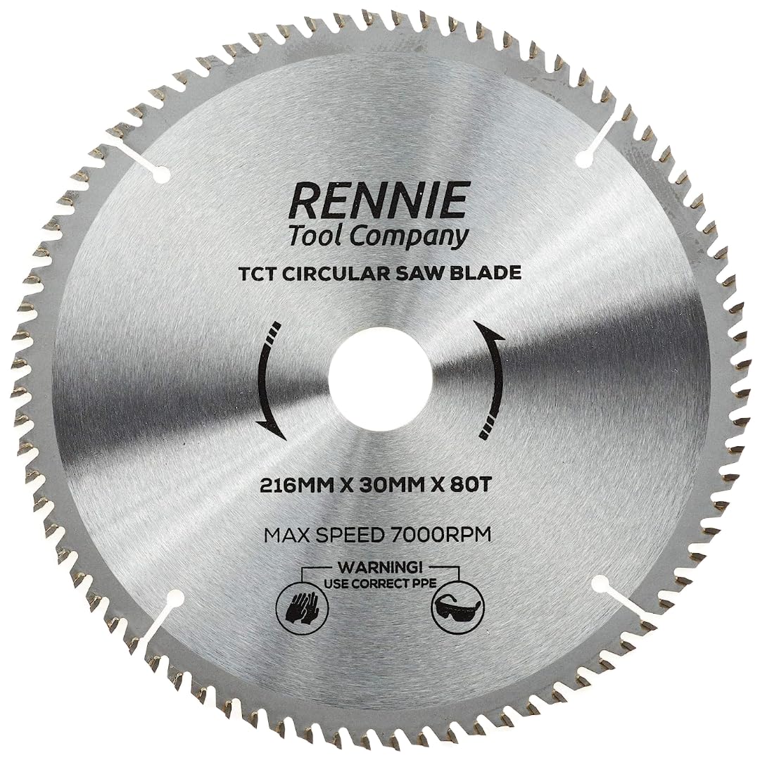 Rennie Tools - 216mm x 30mm x 80T TCT Circular Wood Saw Blade Includes 25mm 20mm & 16mm Bore Reduction Rings. Compatible with Festool Bosch Makita Dewalt Circular Saw,