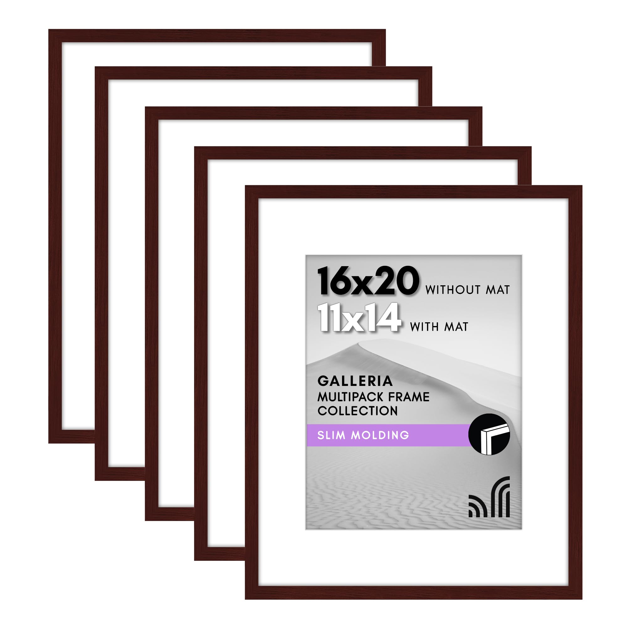 Americanflat 16x20 Picture Frame with Polished Plexiglass - Set of 5 - Use as 11x14 Frame with Mat or Display 16x20 Photo Without Mat - Galleria Collection - Picture Frames for Wall Display - Mahogany Image