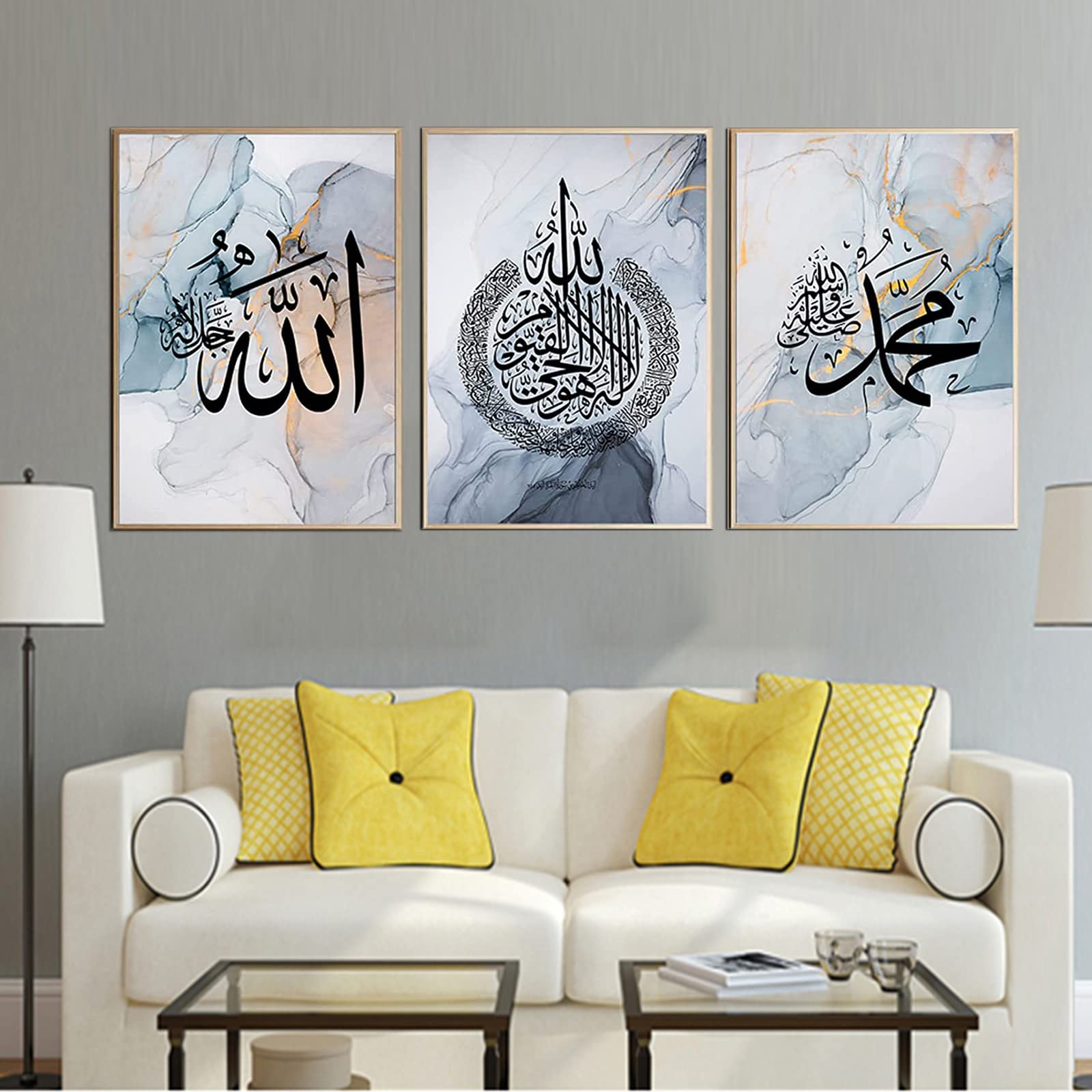 ERTLKJ Arabic Blue Arabic Calligraphy Modern Islamic Wall Art Poster 3 Pieces Allah Quotes Pictures Living Room Unframed (40x60cm) — image 1
