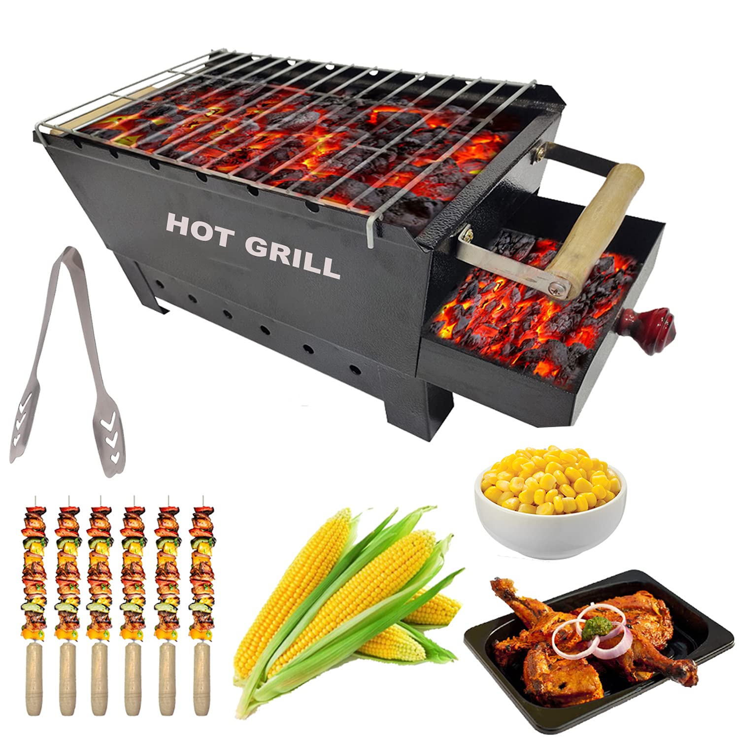 Hot Grill Barbeque Standard charcoal barbeque grill with 6 pc skewers 1