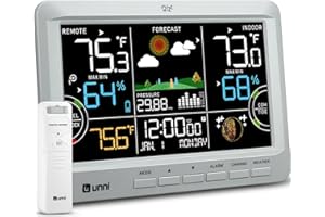U UNNI Weather Station Indoor Outdoor Thermometer Wireless, Home Atomic Clock with Large Constant Display, Inside Outside Temperature Humidity Monitor, Dew Heat Point, Barometer Grey