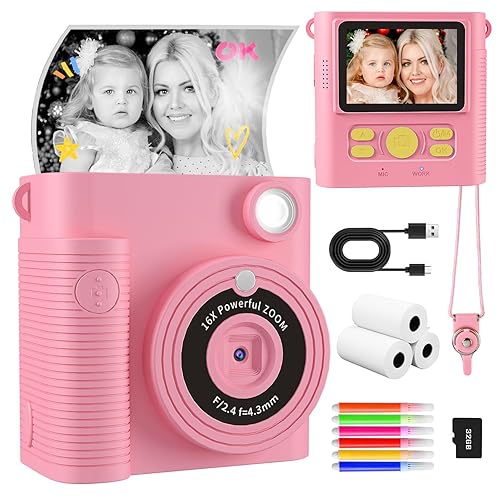 CKATE Kids Camera Instant Print, 1080P HD Instant Print Camera with 2 Shutters, Print Photo Paper & 32G SD Card, Birthday Chirstmas Gifts Toys for Girls 3-12 Years Old - Pink
