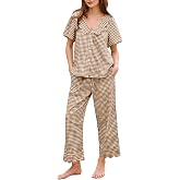 PEHMEA Women's 2 Piece Cotton Gingham Pajama Set Short Sleeve Ruffle Plaid Babydoll Pjs Sleepwear Pants for Lounge