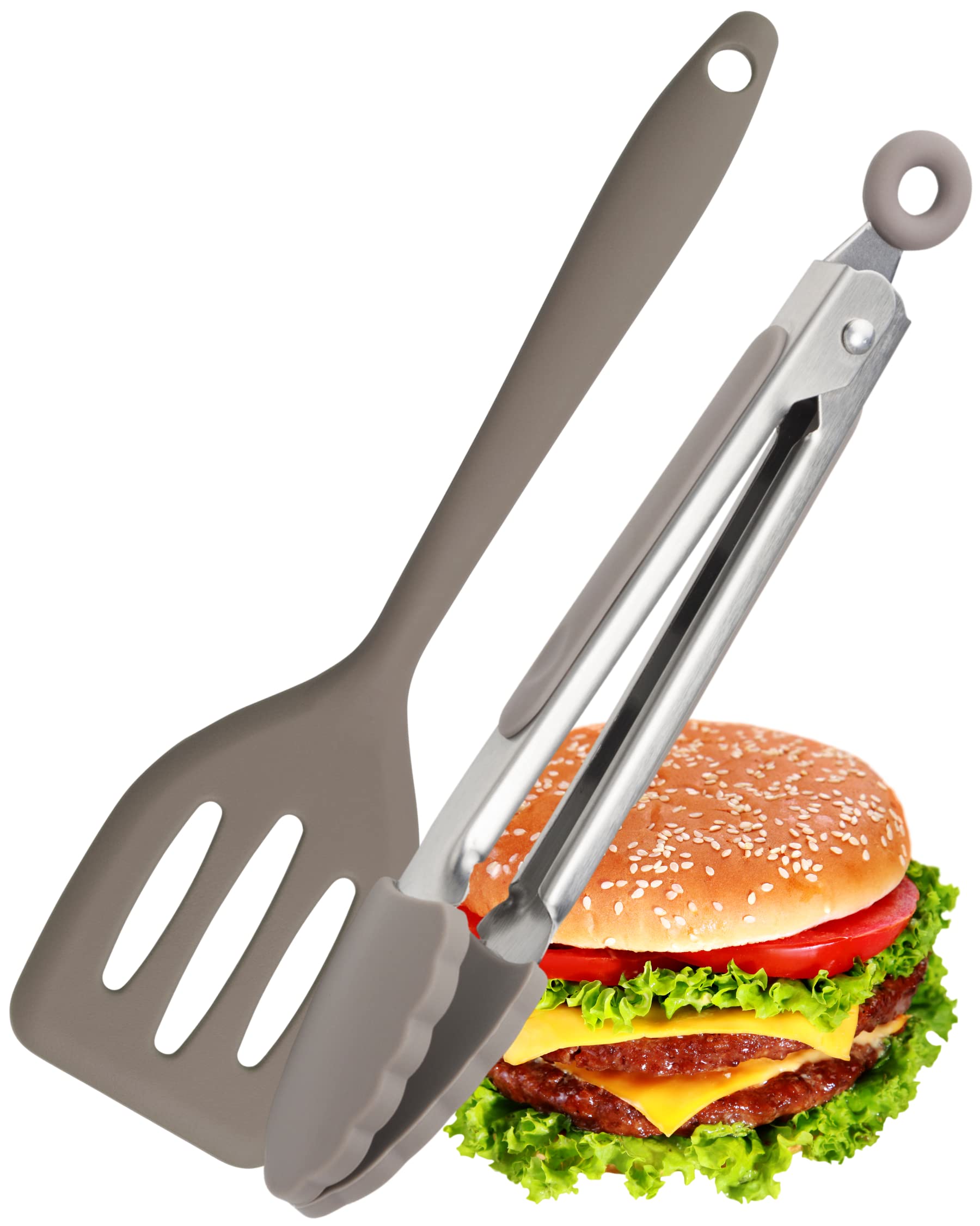 Taylors Eye Witness Grey Mini Silicone Tongs & Turner Set - Dishwasher Safe. Sturdy Build, Non-Scratch Heads. Handy Utensil Kitchen Tool Trio. Odour, Stain & Heat Resistant. 5 Year Guarantee.