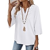 WIHOLL 3/4 Length Sleeve Womens Tops Boho V Neck Lace Shirt Trendy Blouses Dressy Casual Vacation Clothes S-3XL