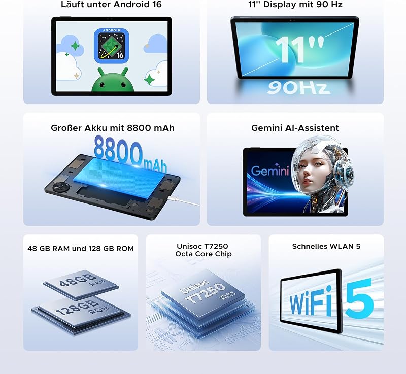 P11 Tablet 11 Zoll  Android 16, 48GB RAM+128GB ROM, T7250, Schwarz — Foto 2 von 8