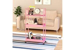 FANSPRO Slim Storage Cart, 3 Tier Metal Utility Cart with Wheels, Mobile Rolling Kitchen Cart Slide Out Narrow Storage Cart for Laundry Room Bathroom Small Spaces, Pink