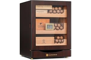 GLENCREAG MET-1031 Cigar Humidor Cabinet for 150 Cigars – Spanish Cedar Lining, Digital Hygrometer, Magnetic Seal, 3 Drawers + Accessory Storage – Gift for Cigar Aficionados