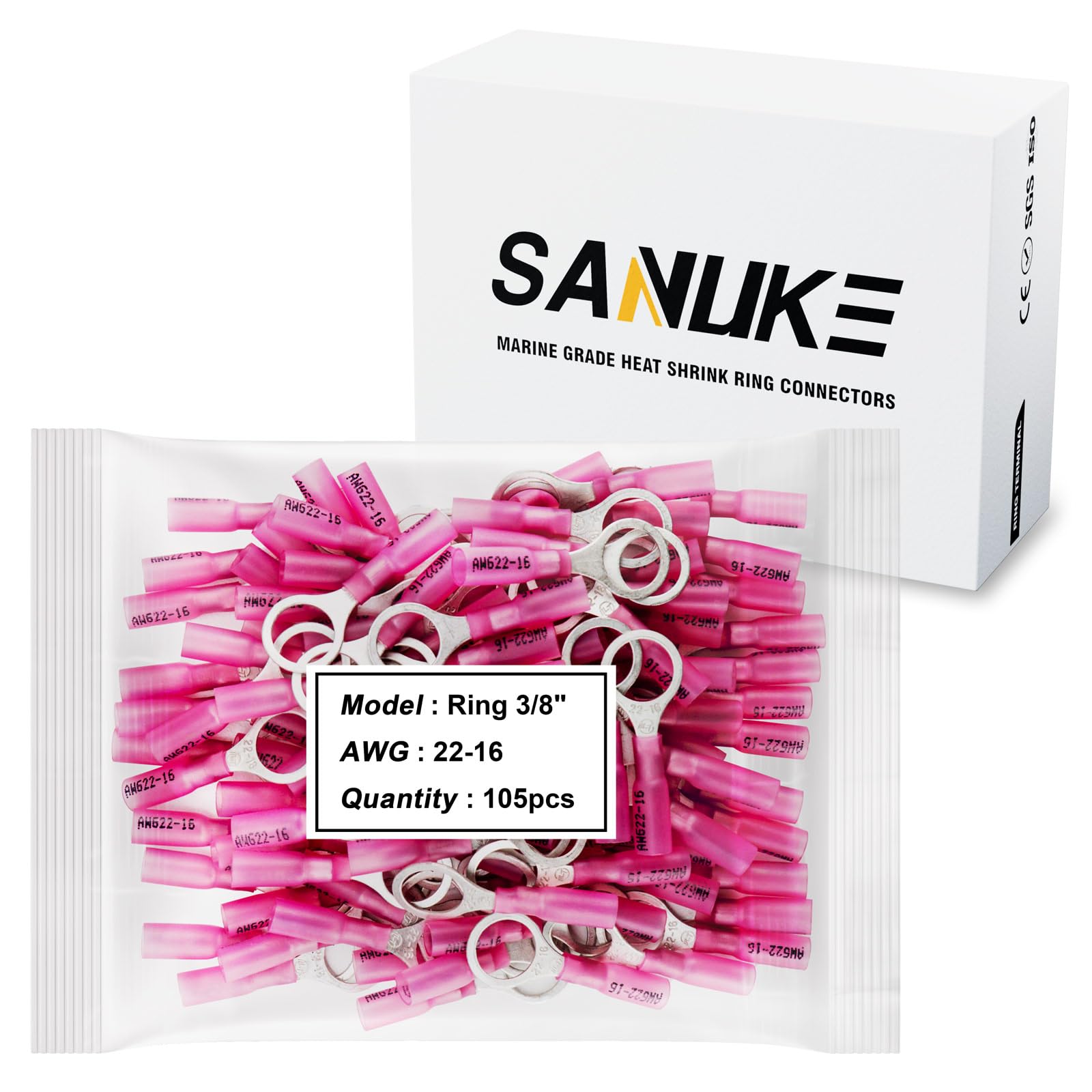 Photo 1 of Sanuke 105Pcs 22-16 AWG - 3/8" Heat Shrink Ring Terminals 0.7mm Tinned Pure-Copper Marine Grade Waterproof Heat Shrink Wire Connectors Red