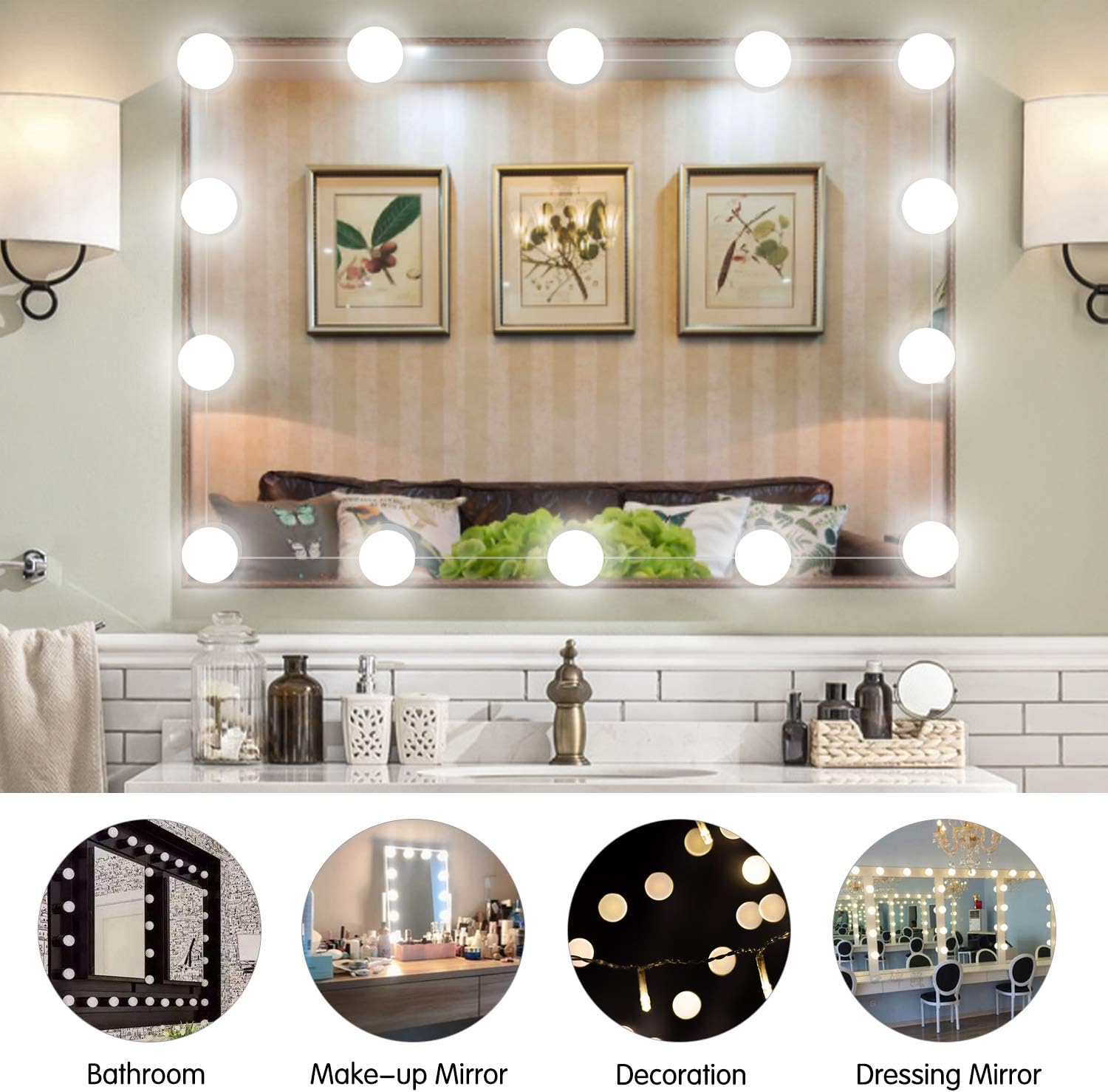 Hollywood LED Vanity Lights Strip Kit, with 14 Dimmable Light Bulbs for Full Body Length Mirror & Bathroom Wall Mirror, Plug in Mirror Lights with Power Supply, White (No Mirror Included): Home Improvement