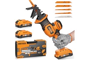 Alloyman Reciprocating Saw, 20V Cordless Battery Power Saw, with 2 X 2.0Ah Batteries & Charger, 0-3500 SPM Variable Speed, Tool-Free Change, 5 PCS Blades for Wood Metal PVC Pipe Tree Cutting
