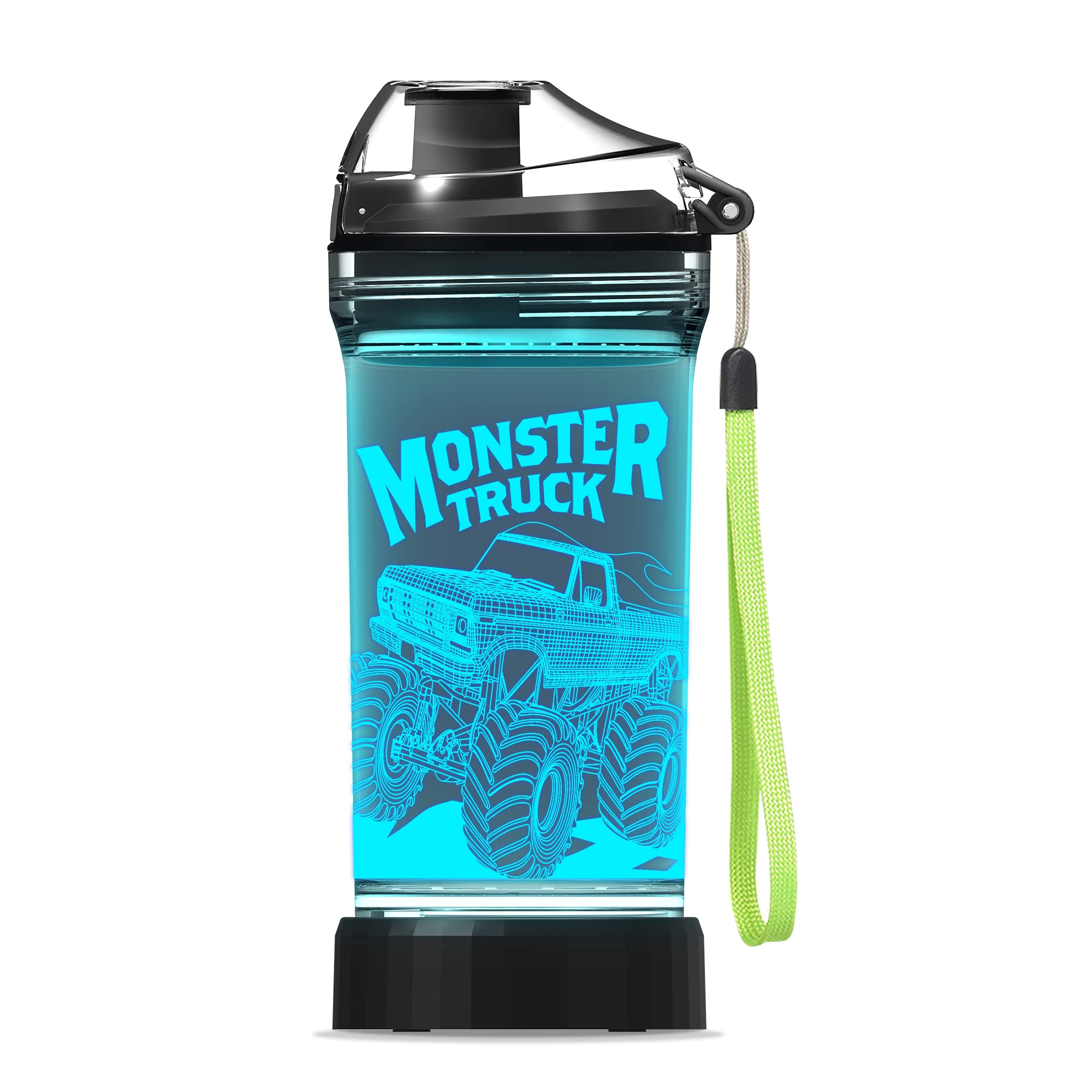 Kids Water Bottle with 3D Monster Truck Illusion LED Light - 14 OZ Tritan BPA Free - Creative Ideal Travel Cup Gift for School Kid Boy Child Holiday Picnic Camping