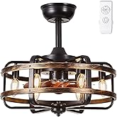 Caged Ceiling Fans with Lights Black Farmhouse 18‘’ Flush Mount Bladeless Rustic Chandeliers Fan Lights with Remote Vintage R