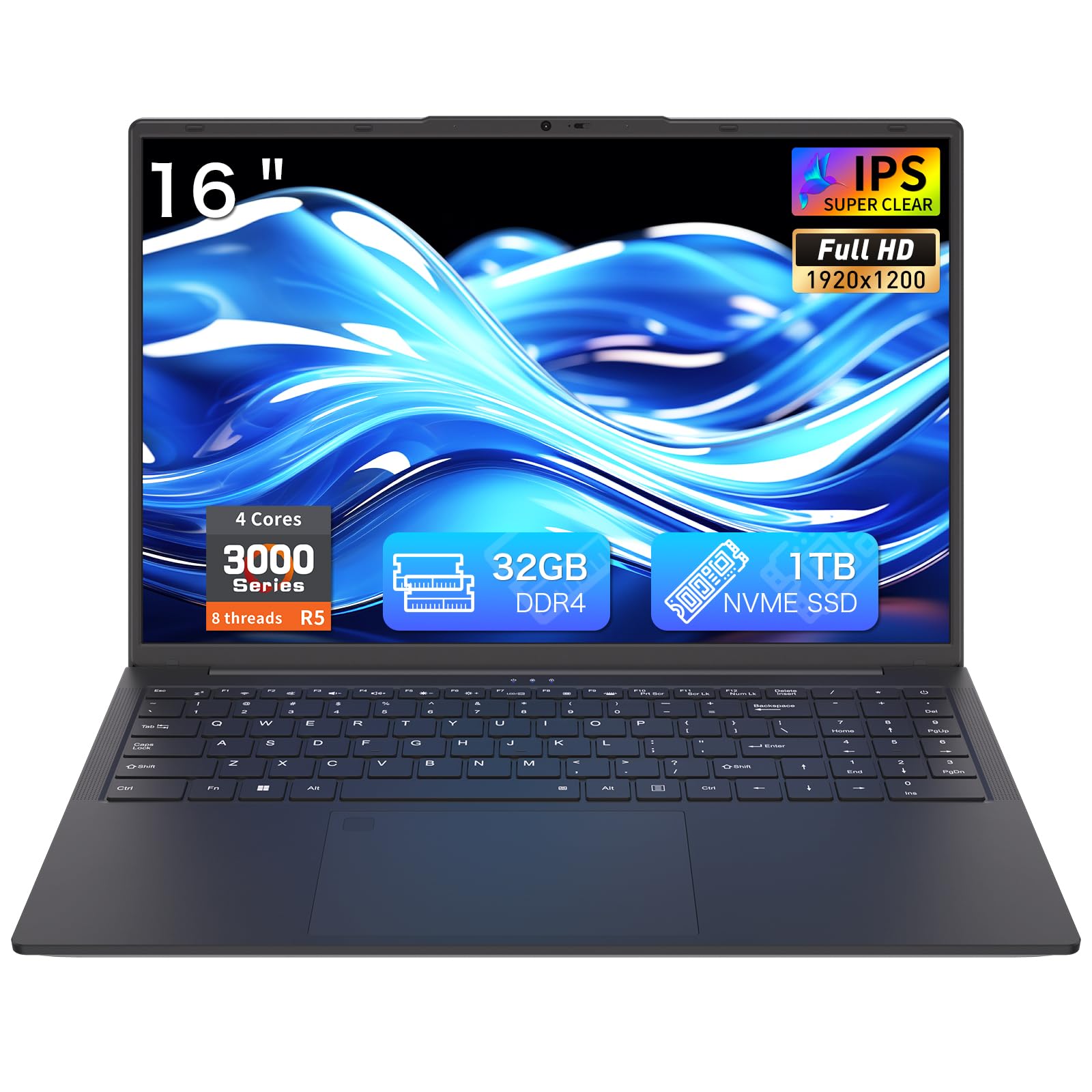 Photo 1 of Auusda Laptop Computer, 32GB RAM, 1TB SSD, Ryzen 5 3000 Series 4C8T 3.7/2.1GHz, 16" FHD+, Webcam, Privacy Shutter, Backlit KB, Fingerprint, USB-C 65W Charging, 3 USBA, Win11Pro, WiFi 6, T160R, Black