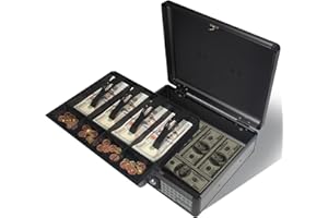 Glosen Cash Box with Lock, Money Box with Lock & Removable Coin Tray 11.4 * 5.3 * 13.5 inch (Black, Extra Large)
