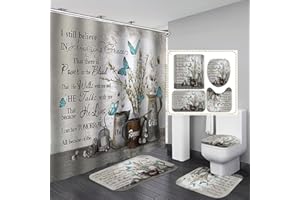 Yizheer Blue Butterfly White Cotton Rustic Flower Inspirational Quotes Shower Curtain Sets with Non-Slip Rugs,Toilet Lid Cover and Bath Mat,Waterproof Bathroom Decor Accessories Set