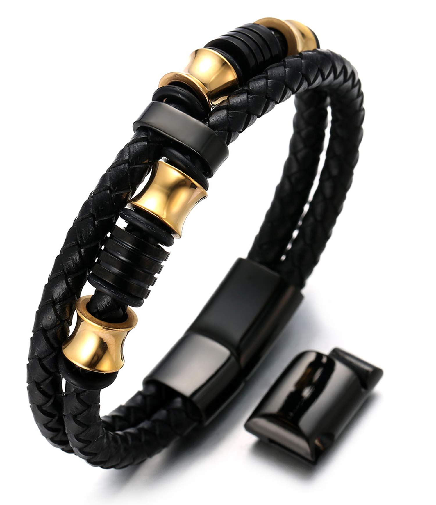 HALUKAKAH Men's Leather Bracelet Titanium Beads Golden/Silver/Black Magnetic Clasp Solo Silver/Honor Gold/Black Size Adjustable 21.5-23cm Free Giftbox (Gold Mix Black 21.5-23cm with an Extra Clasp)