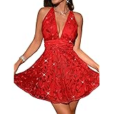 ShawGobow Floral Sequin Dress,Deep V Backless Sexy Mini Dresses for Women,Sparkly Outfits Homecoming Party