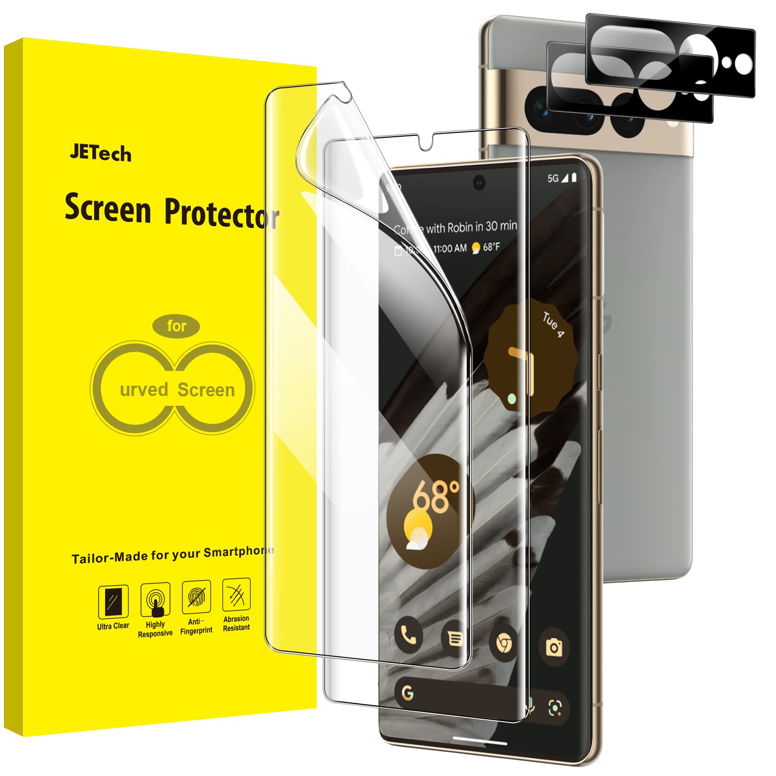 JETech Screen Protector for Google Pixel 7 Pro with Camera Lens Protector, Flexible TPU Film, Fingerprint ID Compatible, HD Clear, Easy Install, 2-Pack Each