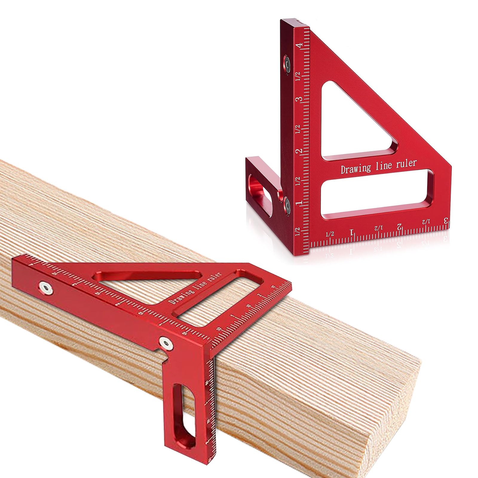 3D Multi Angle Measuring Ruler, 45° & 90° Degree Triangle Scriber Square Protractor, Miter Triangle Ruler Measuring Tool for Engineer Aluminum Inch Scale for Carpenters and Woodworkers (Red).