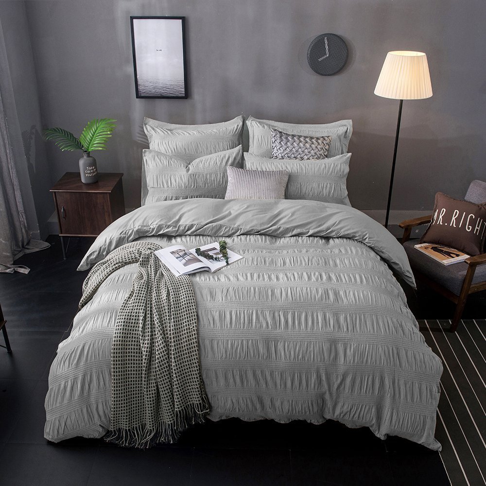 Lausonhouse Cotton Duvet Cover Set,100 Cotton Woven Seersucker Duvet Cover Set,Pure Cotton Yarn Dyed Striped Bedding Set- King - Gray