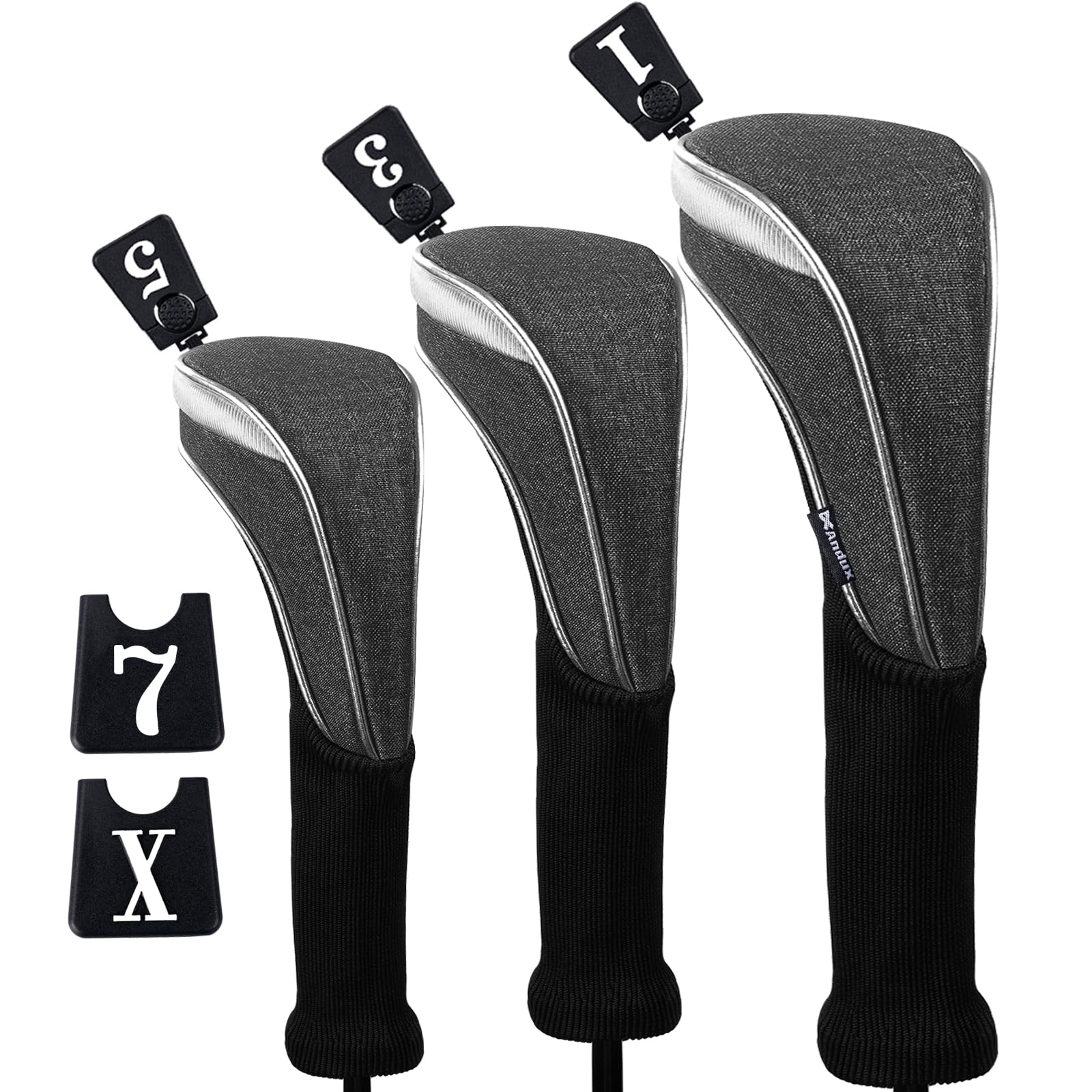 Andux 3pcs/Set Nylon Golf Wood Club Head Covers 460cc Driver Covers Long Neck Grey