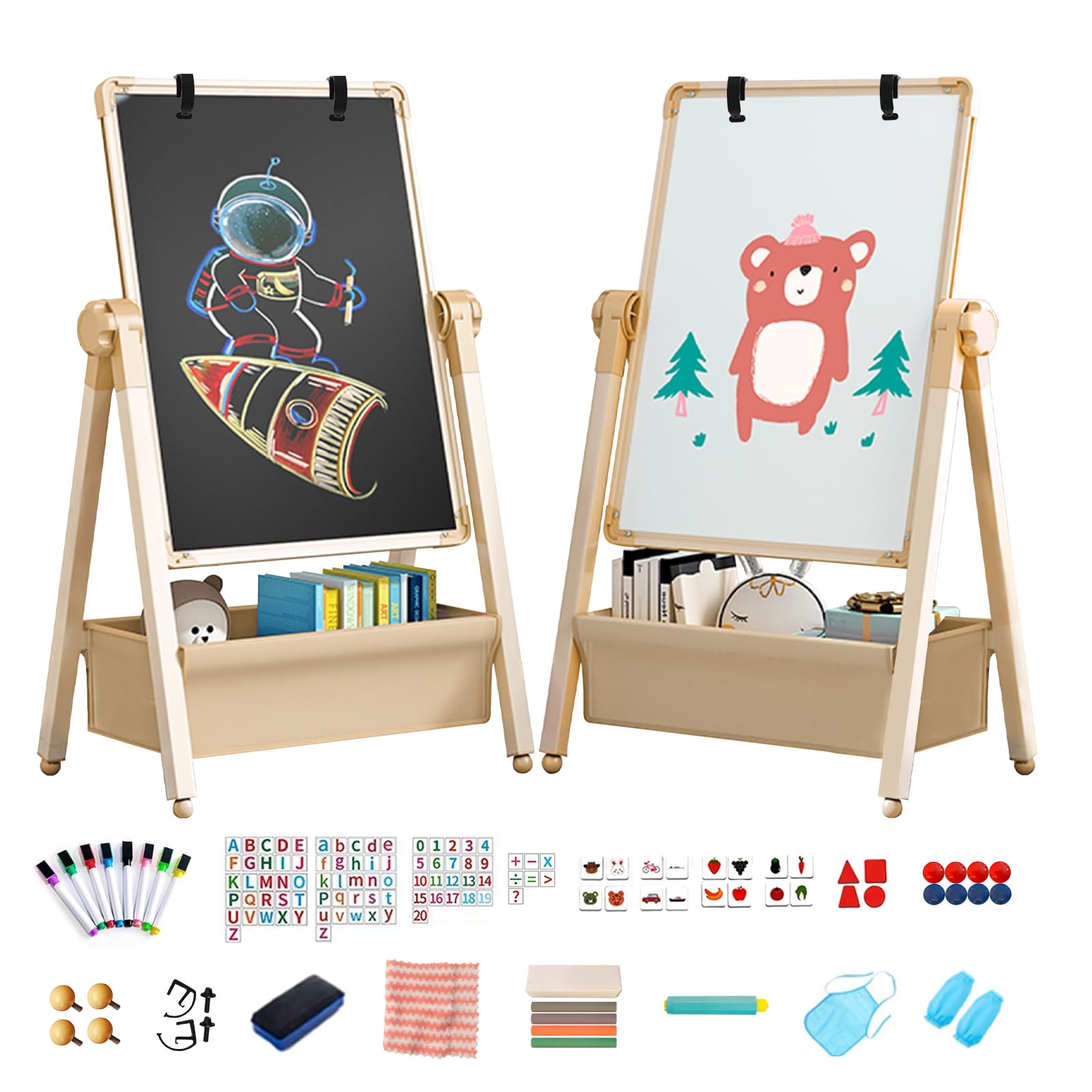 Kids Easel Double-Sided Iron Art Easel with Paper Clip Foldable Drawing Board Height Adjustable Standing Easel 360° Rotatable Whiteboard Chalkboard with Letters Numbers for Boys Girls Toddlers