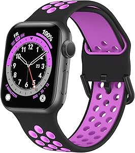 Marlova Compatible with Apple Watch Bands 44mm 42mm, Soft Silicone Breathable Air Hole Sport Wristbands with Classic Clasp for iWatch Series Se/6/5/4/3/2/1, Black/Purple 42mm 44mm (Watch Not Included)