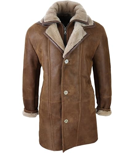Infinity Men's Brown Sheepskin Leather Detachable Hood Duffle Coat
