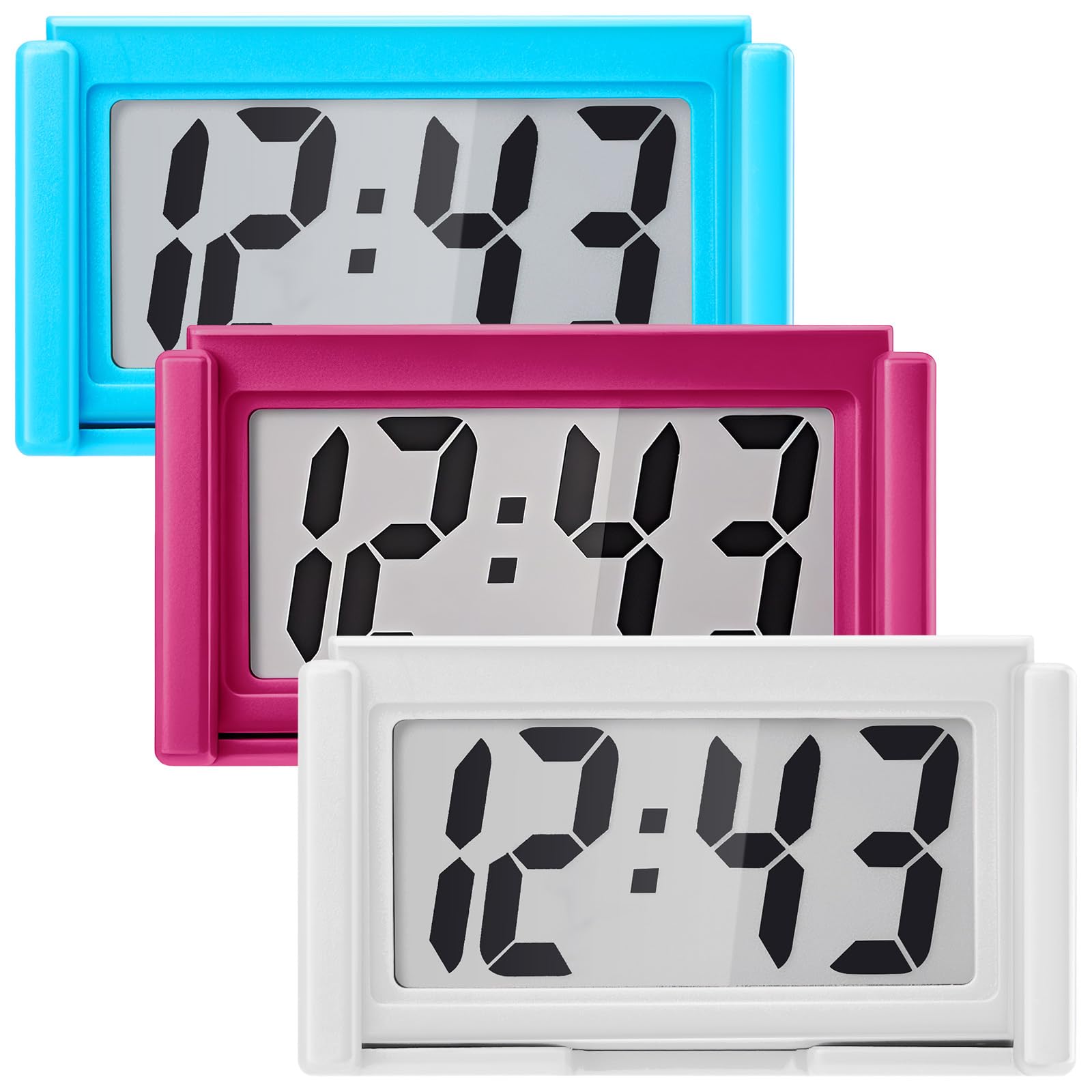 Photo 1 of Frienda 3 Pieces Mini Digital Clock Small Magnetic Digital Clock Stick on Battery Operated Self Adhesive Bracket for Car Dashboard Fridge (White,Blue,Red)