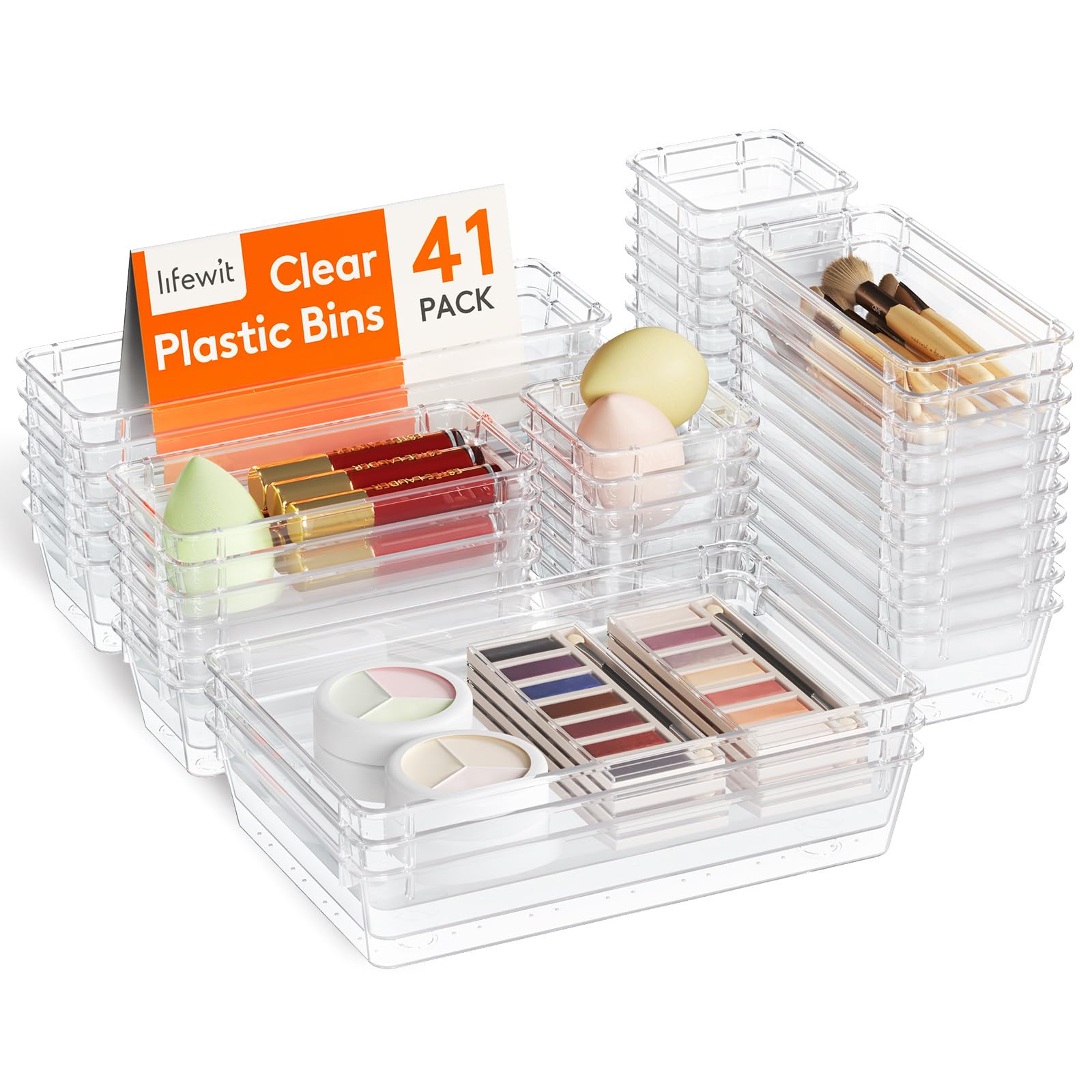 Lifewit 41 Pcs Makeup Drawer Organiser, Plastic Storage Boxes, Dividers for Desk, Vanity, Dressing Table, Cupboard, Office Bedroom Accessories, Kitchen Storage& Organisation, Room Decor