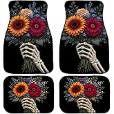 Skull Car Floor Mats Set of 4 Floral Skeleton Hand Bouquet Gothic Boho Automotive Foot Mats Rugs Carpet for Car Non-Slip Auto Car Accessories Universal Fit for Car SUV Truck Van