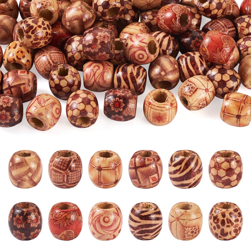 Craftdady 50Pcs 16x17mm Mixed Printed Drum Wooden Beads Large Hole Barrel Wood Loose Spacer Charm Macrame Beads for Jewelry Craft Making — image 1