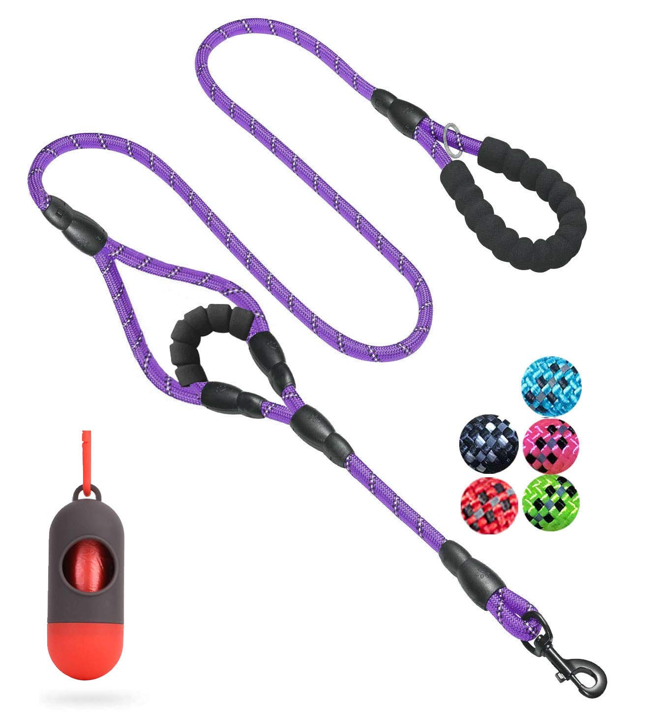 JSXD 5 FT Heavy Duty Double Handle Dog Leash with Comfortable Padded and Reflective Rope, for Small, Medium, Large Dogs (Rope-Purple)