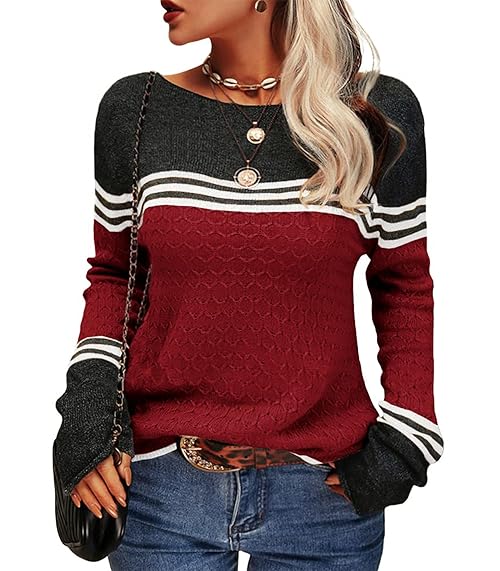 Hormtaer Womens Jumpers Crew Neck Long Sleeve Knit Sweater Colorblock Striped Knitwear Ladies Casual Retro Sweaters Soft Pullover Tops (Wine Red, M)