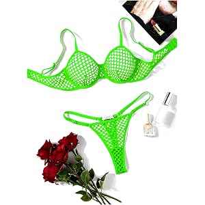 Avidlove Women 2 Piece Fishnet Lingerie Set Push Up Bra & Thong Underwear | Sexy Hollow Fishnet Bra and Thong Lingerie Set.Ad