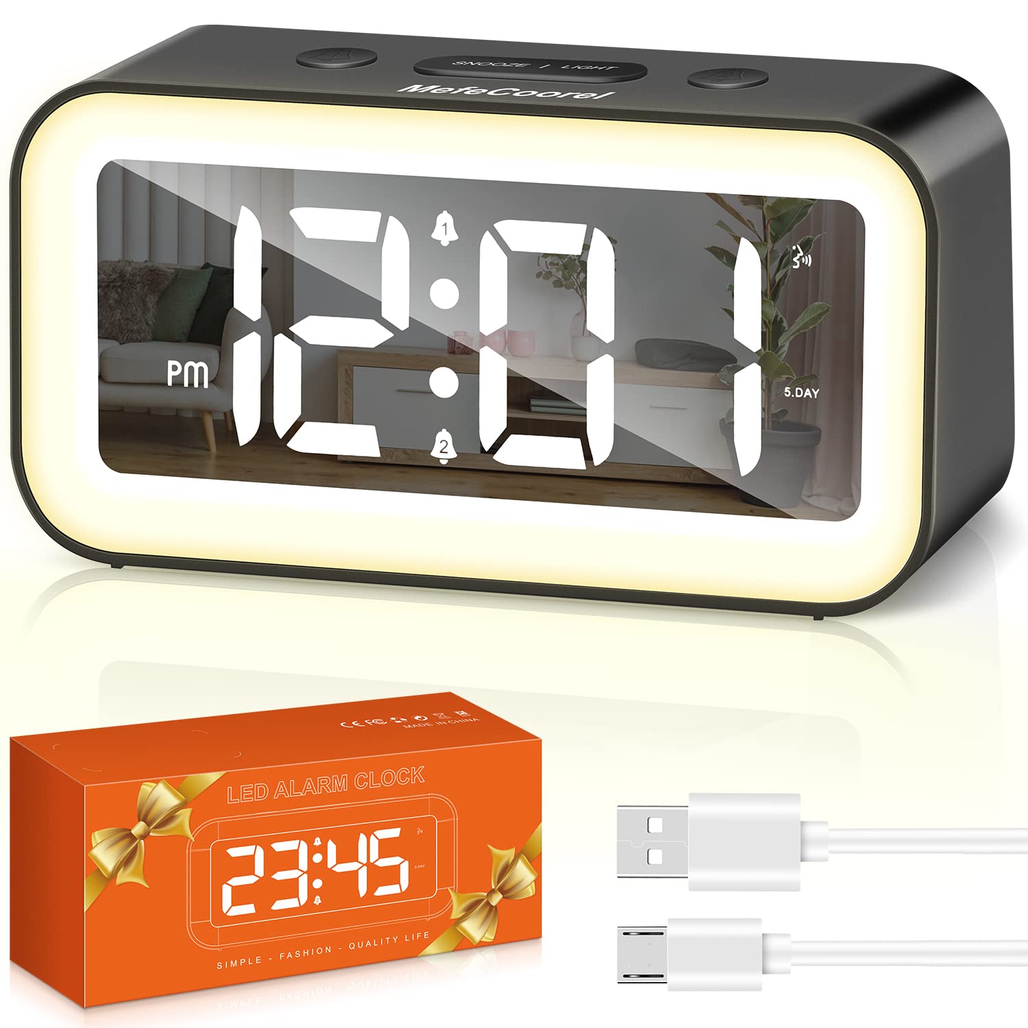 Digital Alarm Clock with Night Light Alarm Clocks Bedside Adjustable Brightness Big LED Digit Display Snooze 12/24Hr Dual Alarm Weekend Mode Sound Activation USB Charging Port for Kids Bedroom Office