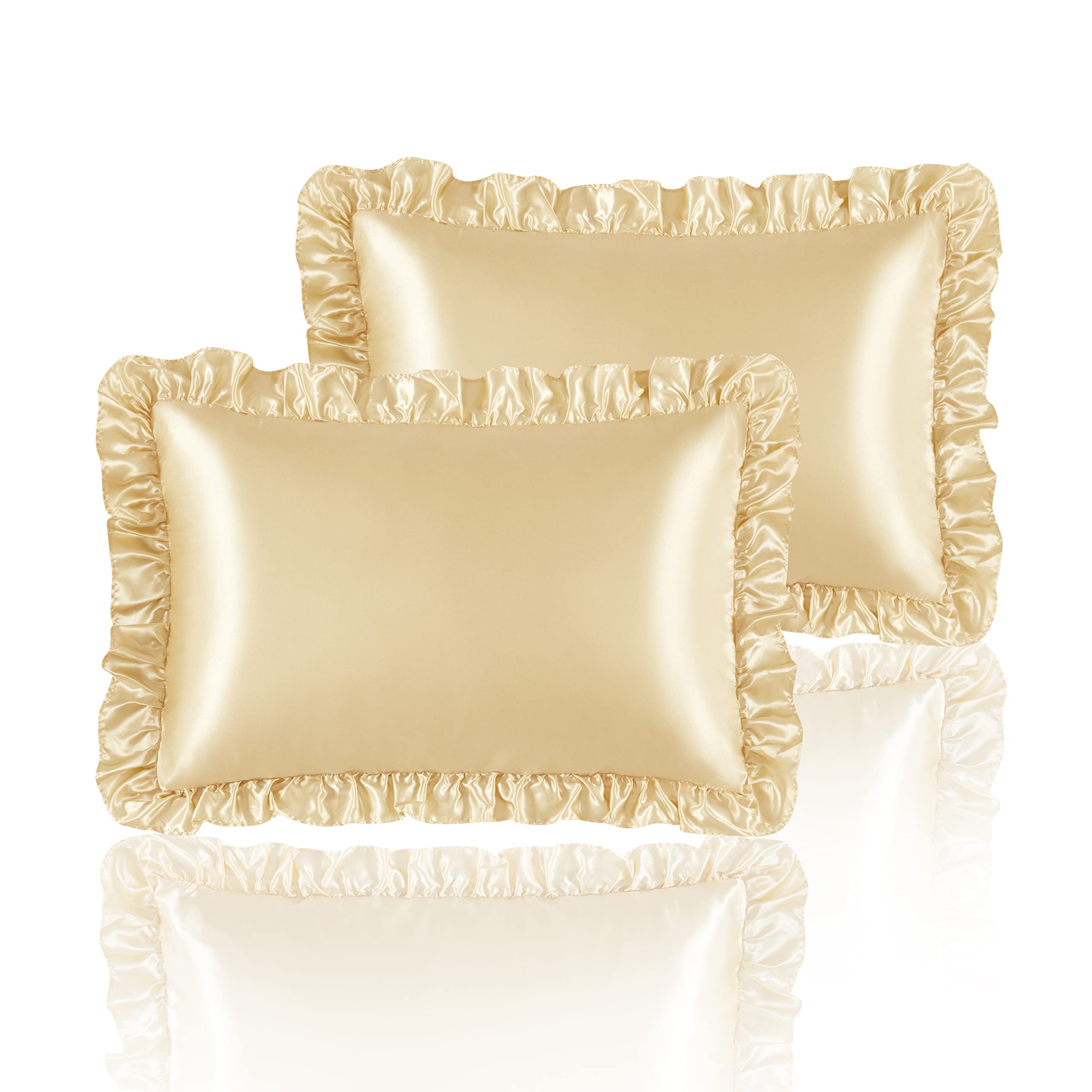 Photo 1 of HommxJF Silky Satin Ruffled Pillow Cases for Hair and Skin,Gold Silk Pillowcases King Set of 2 with Envelope Closure Princess Room Decoration