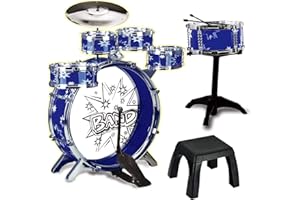 TOYVELT 12 Piece Kids Jazz Drum Set – 6 Drums, Cymbal, Chair, Kick Pedal, 2 Drumsticks, Stool. Ideal Gift Toy for Kids, Boys & Girls