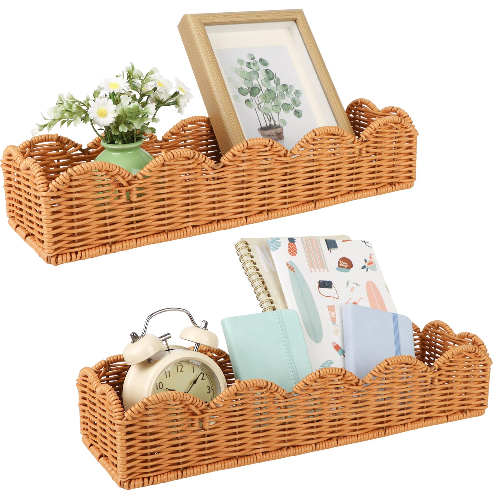 Photo 1 of 2 Set Nursery Book Shelves Scalloped Plastic Artificial Rattan Classroom Wall Shelf 15.8 Inch Wall Mounted Floating Bookshelve, Hanging Boho Wicker Woven Shelf for Bedroom Farmhouse Decor (2, Brown)