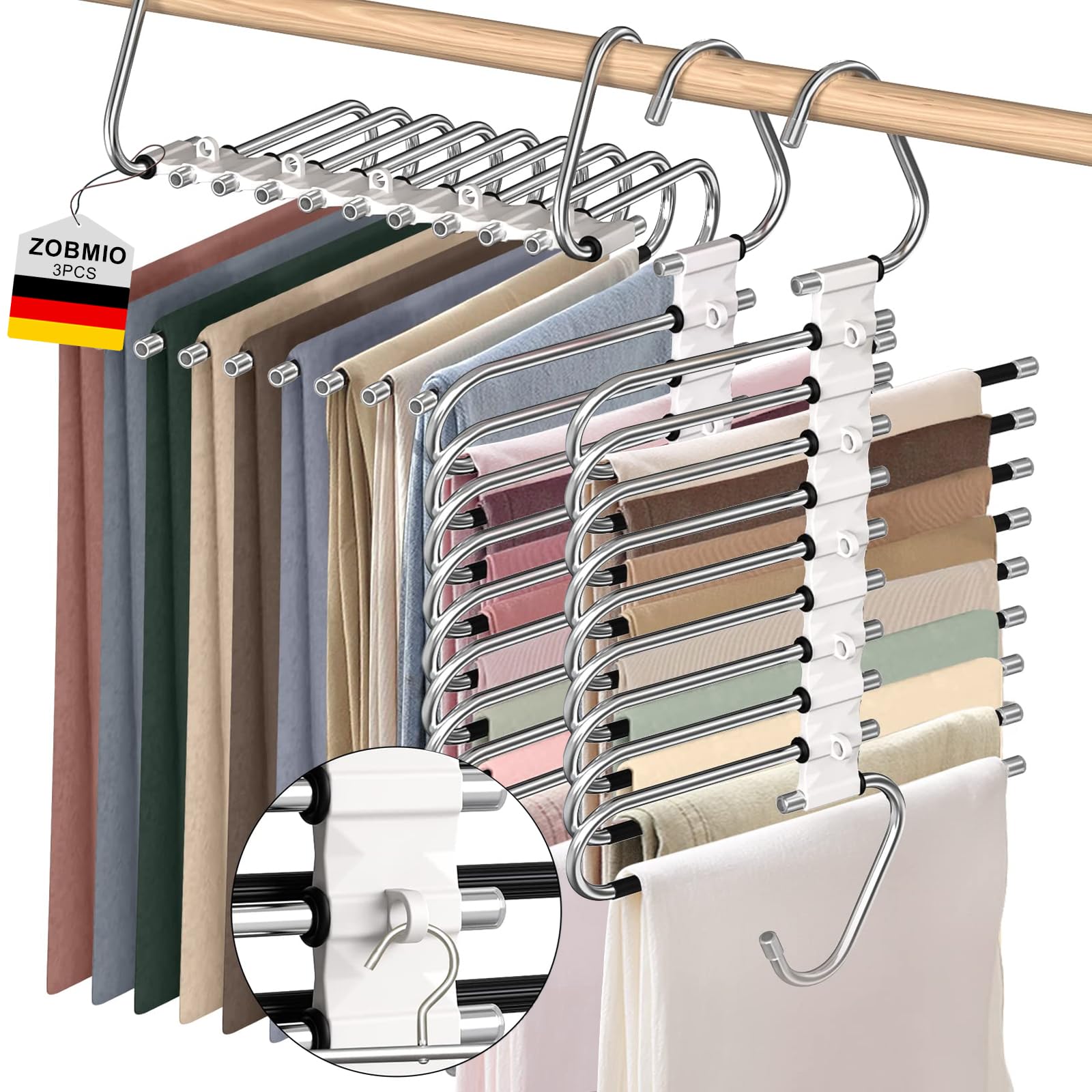 ZOBMIO Pack of 3 9 Tier Trouser Hangers, Space-Saving, Stainless Steel Clothes Hangers, Trousers with Fixed Hooks, Trouser Hangers, Non-Slip Foldable Trouser Holder for Wardrobe for Trousers, Scarves,