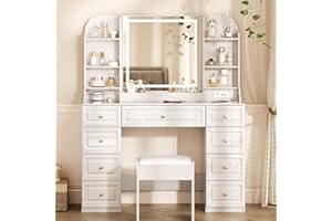 YYJ Makeup Vanity Desk with Mirror and Lights, & Power Outl,Glass Top Big Vanity Table with 9 Drawers& 8 Storage Shelves,Vanity Table Set with Chair for Bedroom,White