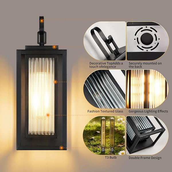 HAMESO 2 PACK OUTDOOR WALL LIGHTS FOR HOUSE EXTERIOR, 18 INCH LARGE BLACK MODERN LANTERN WITH DUAL METAL FRAME & TEXTURED GLASS, IP65 WATERPROOF (BULBS INCLUDED)