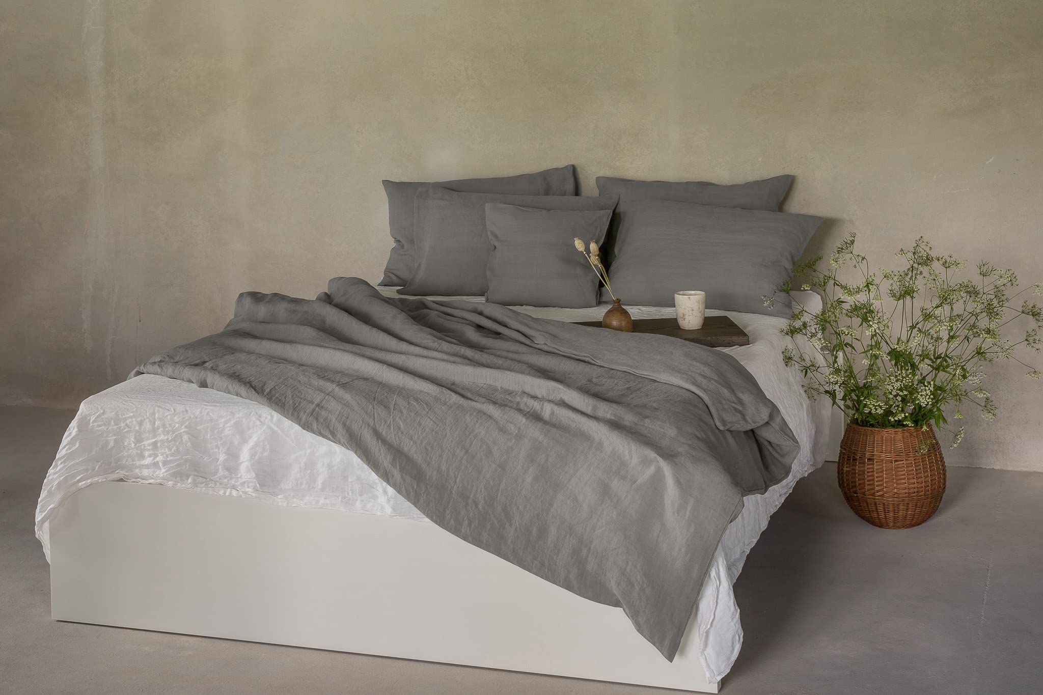 Ger3as Linen Bed Linen Set, 100% Natural Linen, Stonewashed, Natural Fibre Linen, with Envelope Closure (Grey, 200 x 200 cm, 2 Pieces, 40 x 80 cm)