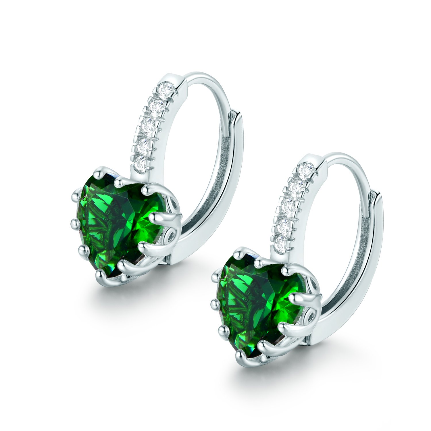 MASOP 925 Sterling Silver Heart Cut Birthstone May Emerald Pieced Huggie Hoop Earrings for Women