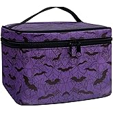 Drydeepin Gothic Halloween Purple Spider Web Bag Bats Print Makeup Bag Travel Cosmetic Bag with Zipper and Handle Portable Large Capacity Toiletry Case for Women Ladies Travel Accessories