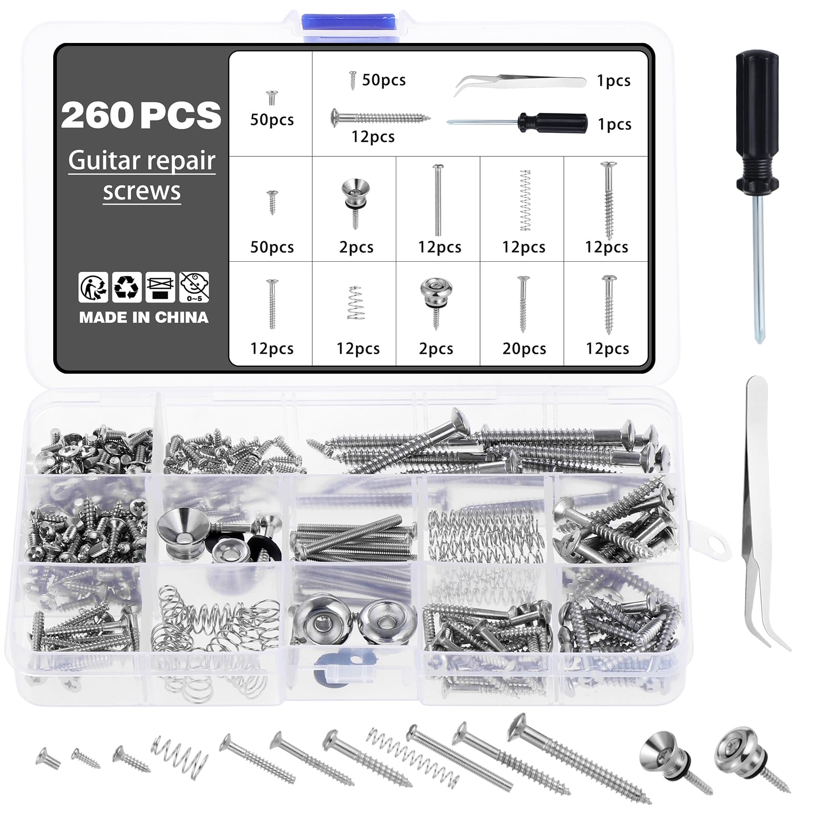 Knpwer 260 Pcs Electric Guitar Screw Kit with Springs for Electric Guitar Bridge,Guitar Mounting Screws,for Electric Guitar Bridge, Pickup, Pickguard,Guitar Strap Buttons and a Tweezers
