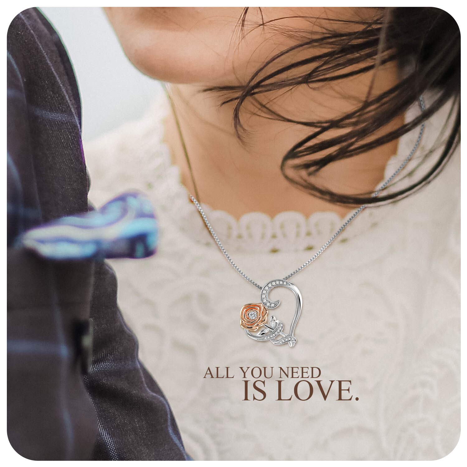 SNZM Pendant Necklace Love Heart Rose Flower Necklaces Made with Swarovski Crystals Jewelry for Women Girls Gift Box Packaging