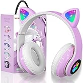 KERHAND Bluetooth Noise Cancelling Headphones for Kids,Foldable Cat Headphone with LED Light Up Ear,Cat Ear Headphones for Toddler with Microphone/TF Card,Kids Bluetooth Headphones for ipad