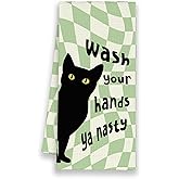 Xmsaitar Cute Sage Green Black Cat Bathroom Kitchen Towels, Wash Your Hands Hand Towels for Bathroom, for Cat Lovers, Funny Trendy Preppy Decorative Dish Towels Decor for Dorm 16x24in